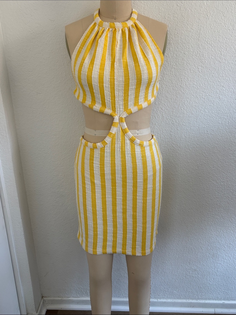 Yellow & White Striped Cutout Halter Skirt